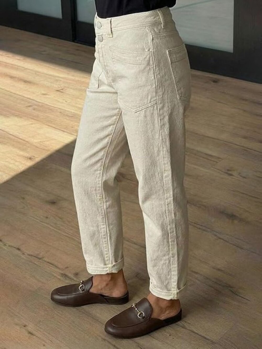 Flamingals Straight Leg High Rise Pants Solid Dual Button Casual Stretchy Pants